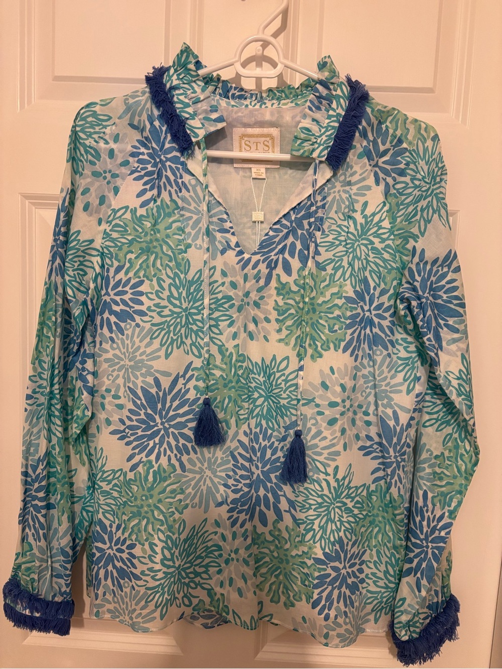 Sail to Sable Blue & Green Floral Tassel Blouse